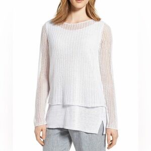 Eileen Fisher Organic Linen Knit Mesh Overlay Top